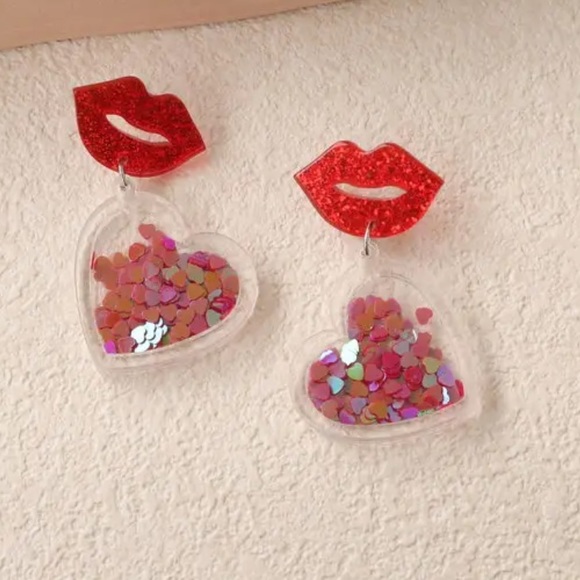 Red Glitter Hot Lips with Dangle Hearts Earrings Love Punk Teen Rock - Picture 2 of 4